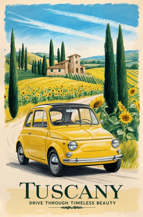 Poster Vintage Italian Countryside Drive: Fiat 500 Elegance