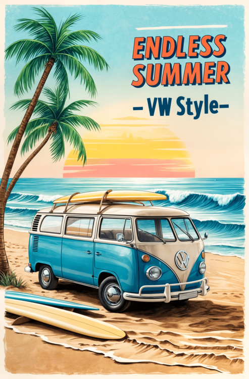 Poster Explore Beachside Freedom: Retro VW Campervan Poster