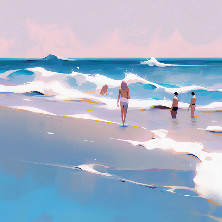 Αφίσα People on the Beach Minimalist Watercolor with Waves