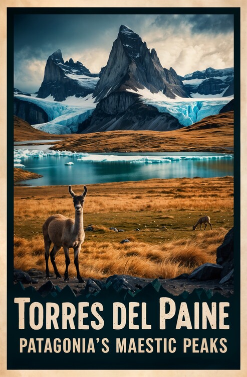 Poster Vintage Travel Poster Torres del Paine: Patagonia's Peaks