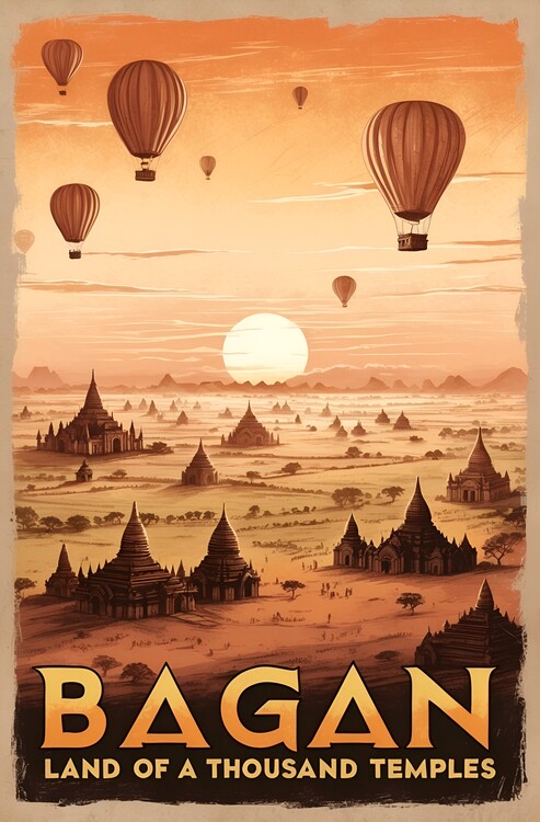 Billede på lærred Vintage Travel Poster Bagan: The Thousand Temples
