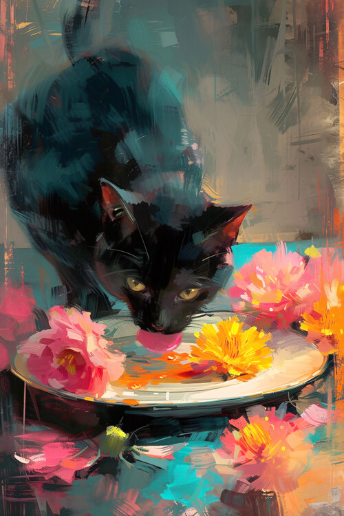 Poster Black Cat Dining on a Plate of Flowers, Impressionist paint
