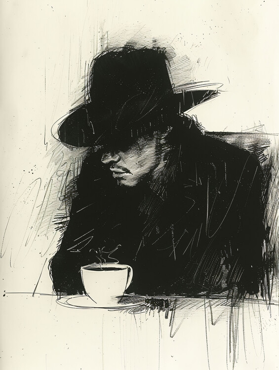 Poster Black Minimalist Sketch of a Man Drinking Coffee, wall decor