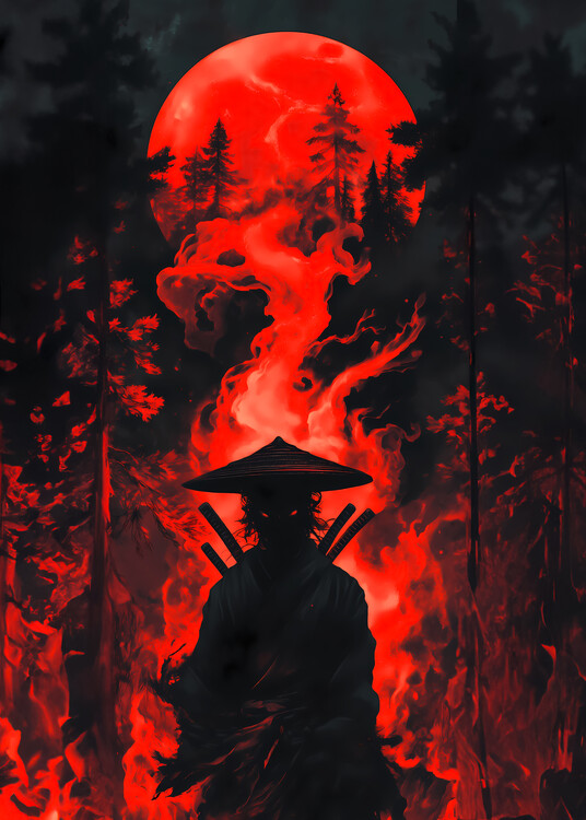 Poster asian costume in the red forest