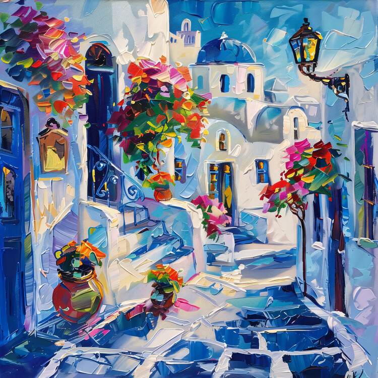 Poster Thira with beautiful street lamps, Wall Decor for Any Room