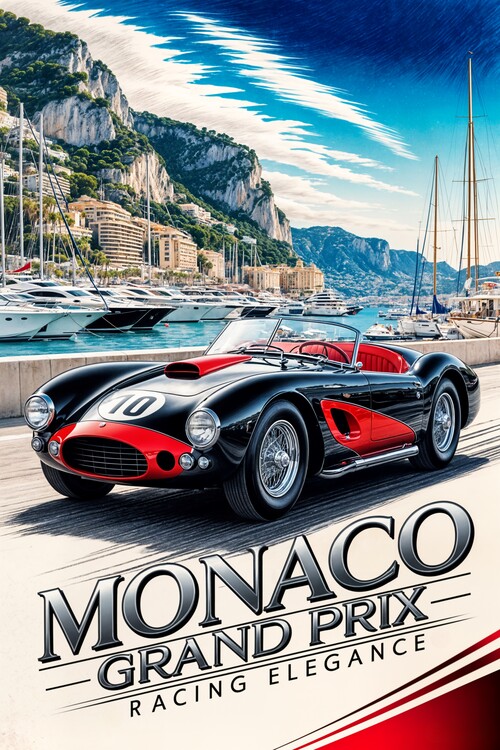 Poster Retro Roadster Design: Monaco Harbor and Cliffs