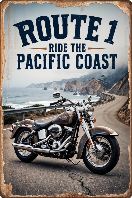 Canvas Print Route 1 Vintage Art: Ride the Pacific Coast