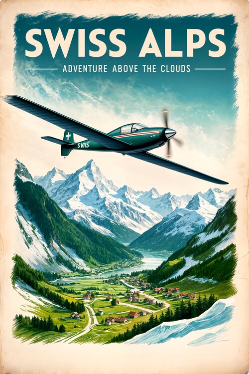 Αφίσα Retro Travel Poster: Soaring Over Swiss Peaks