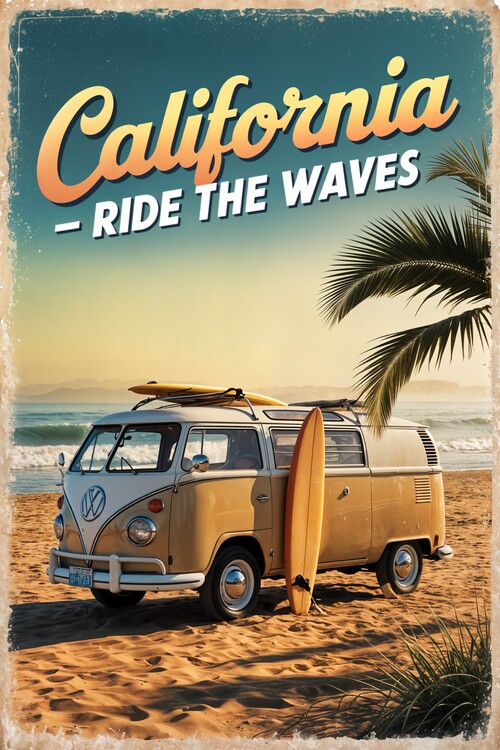Poster Retro Travel Art: Classic VW on California Shores