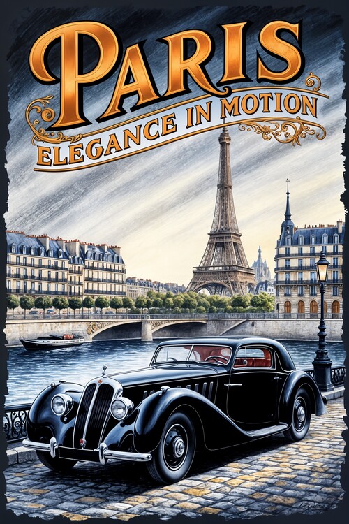 Poster Retro Travel Art: Classic 1930s Bugatti in Paris