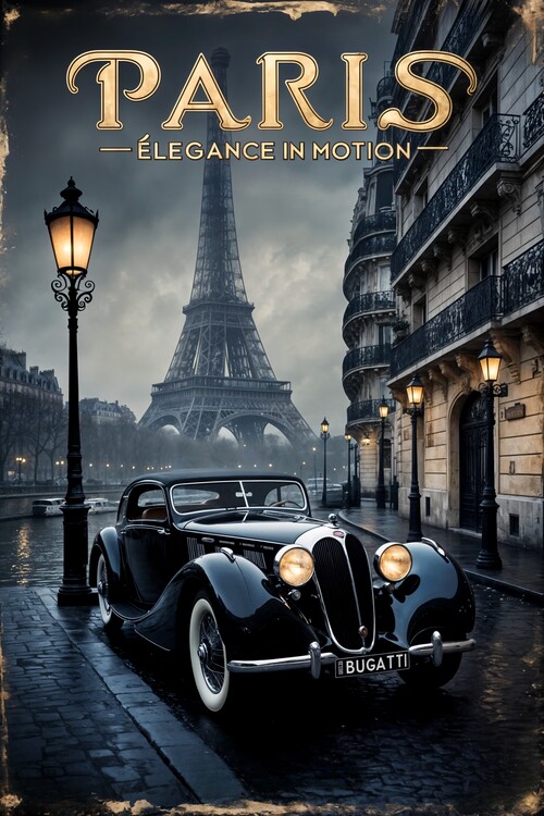 Poster Nostalgic Parisian Charm: Vintage Car and Eiffel Tower
