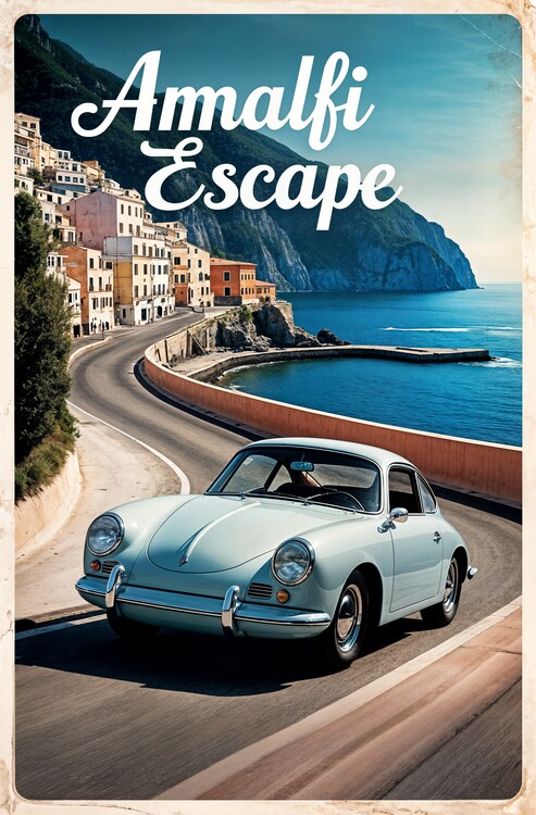 Poster Retro Porsche Illustration: Coastal Driving Charm