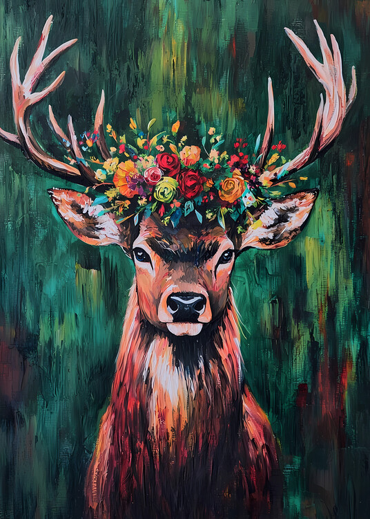 Poster Floral Deer Painting