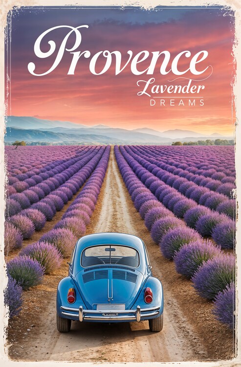 Poster Volkswagen Beetle Provence Poster: Vintage Lavender Charm