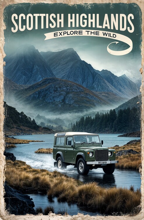 Poster Land Rover Scottish Highlands Poster: Retro Adventure Art
