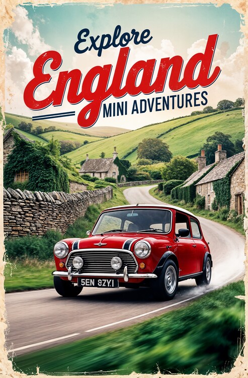 Poster Mini Cooper English Countryside Poster: Vintage Charm