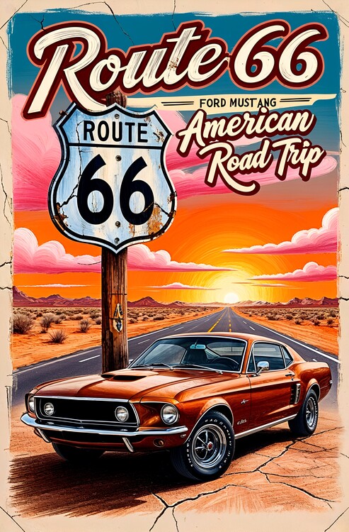 Canvas Print Ford Mustang Route 66 Poster: Vintage Road Trip Art