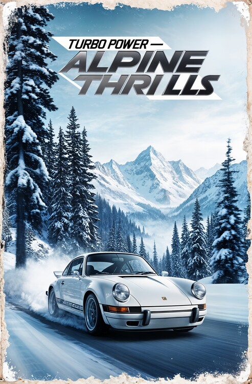 Poster Retro Porsche Illustration: Thrills on Snowy Roads