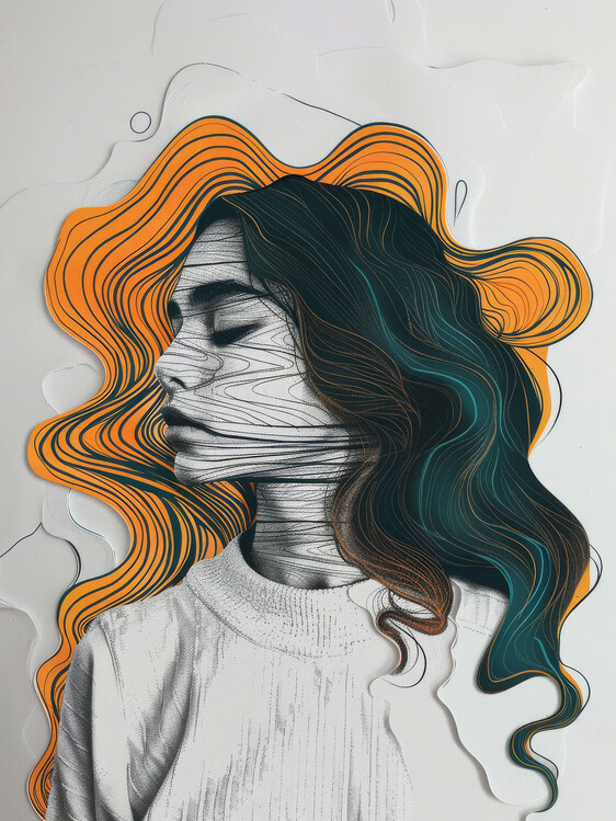 Poster Abstract Portrait of a Woman, Wavy Lines in Her Hair, wall