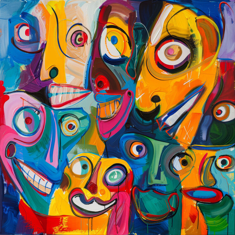 Poster Abstract Portrait Art, Happy Smiles in a Surreal Faces