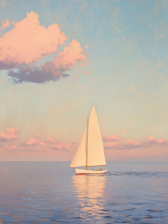 Αφίσα Pastel Colors in Abstract Oil Painting, Sailboat at Sunset