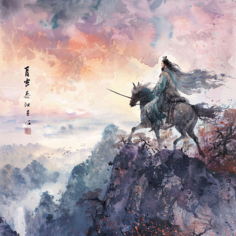 Poster Man Riding a Horse on a Mountain, Chinese Ink Painting