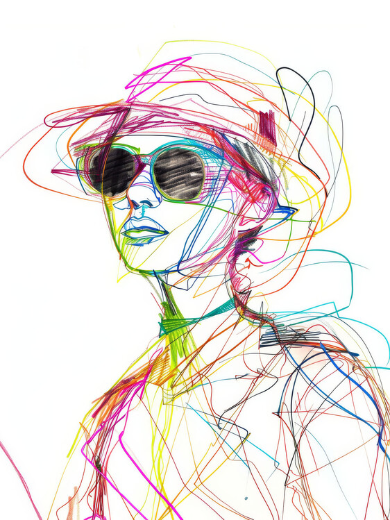 Poster Sketchy Woman in Sunglasses and Hat, Colorful drawing
