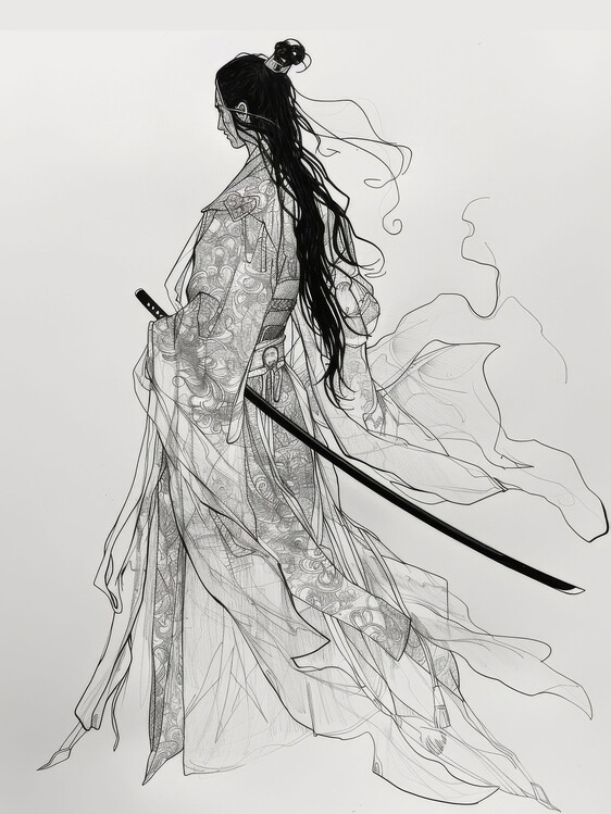 Poster Hand-Drawn Samurai, Traditional Japanese Ink Illustration