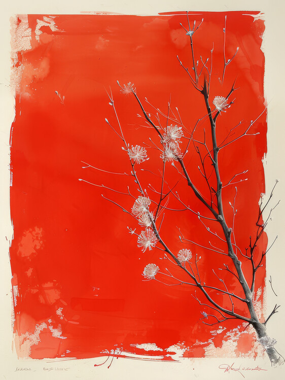 Αφίσα Branch and Flowers Abstract Art,  Sketch in White on Red