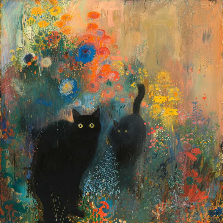 Poster Impressionist Painting, Black Cats in a Colorful Garden
