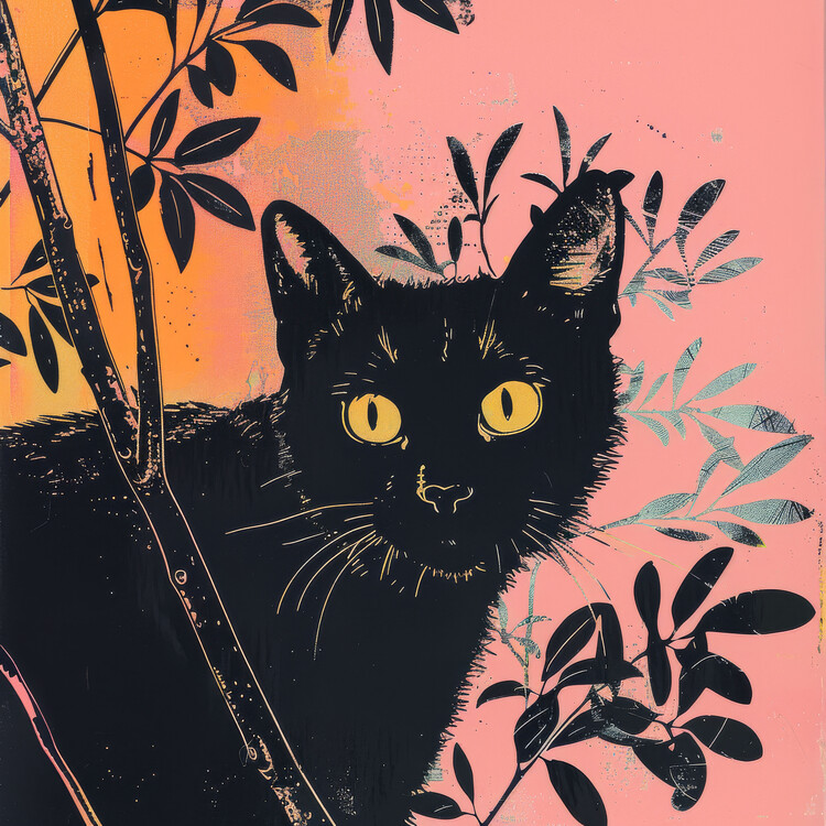 Poster Mysterious Black Cat Portrait in Pink Background