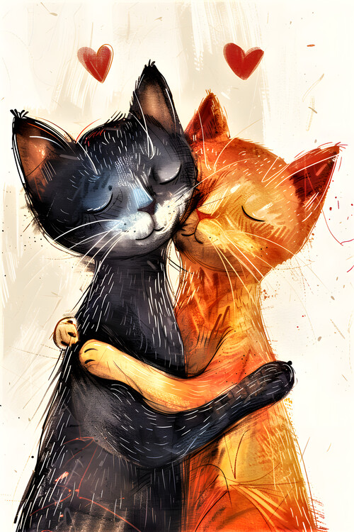 Poster Naïve Cats True Love with Hearts