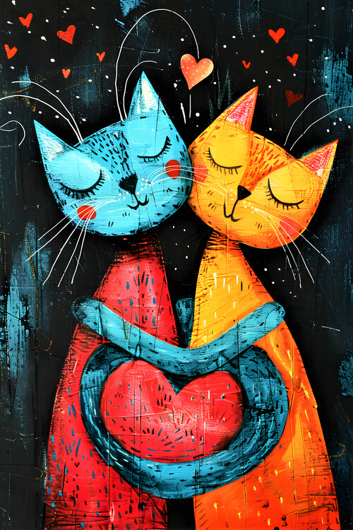 Poster Cats Hug with Heart Nest