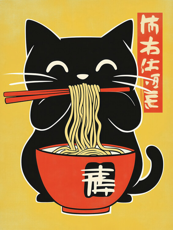 Poster Japanese Cat Loves Ramen | Japandi Kitchen Poster