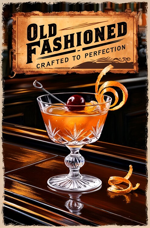 Poster Old Fashioned Cocktail Poster: Vintage Mixology Art