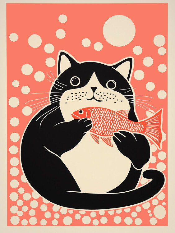 Poster Japandi Cat with Gold Fish