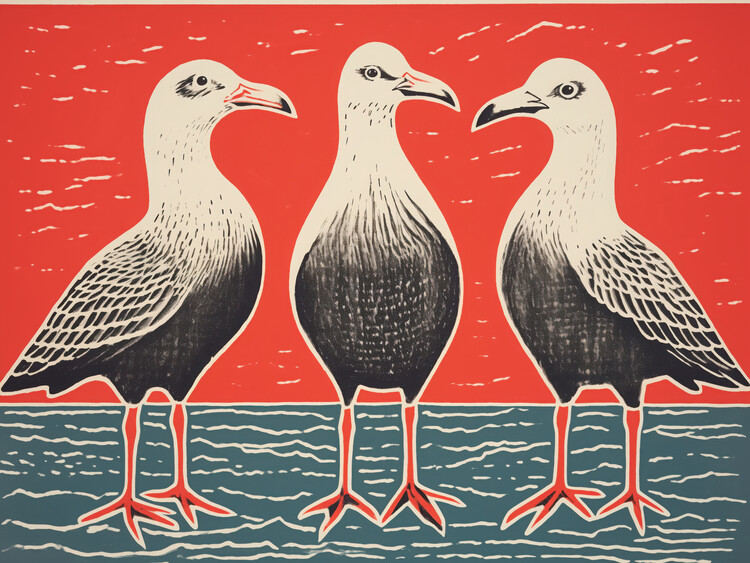 Poster Drei Möwen im Abendrot