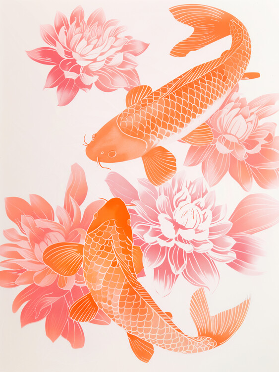 Poster Orange Japandi Kois with Pink Dahlias