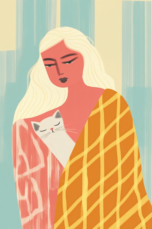 Poster Blond Woman Portrait with her Cat