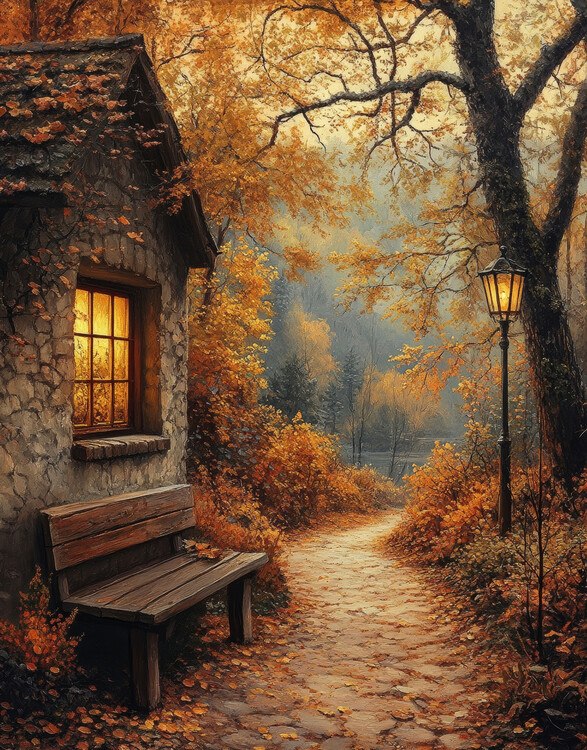 Plakat Autumn Cottage Landscape, Fall Foliage Wall Art decor