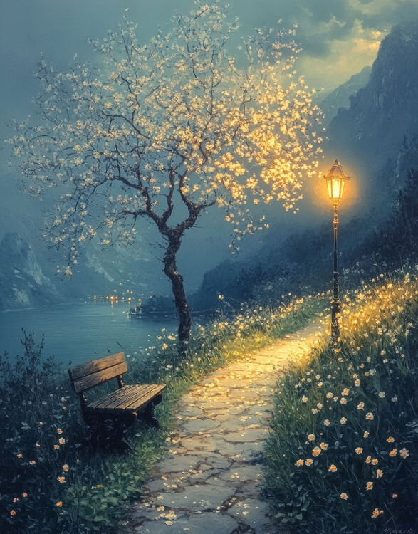 Plakat Twilight Lake Path, Spring Blossom Scene, Custom wall decor