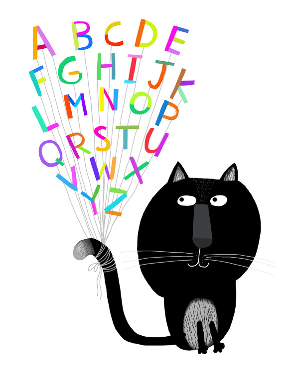 Canvas Print Cute Black Cat with Alphabet Letters