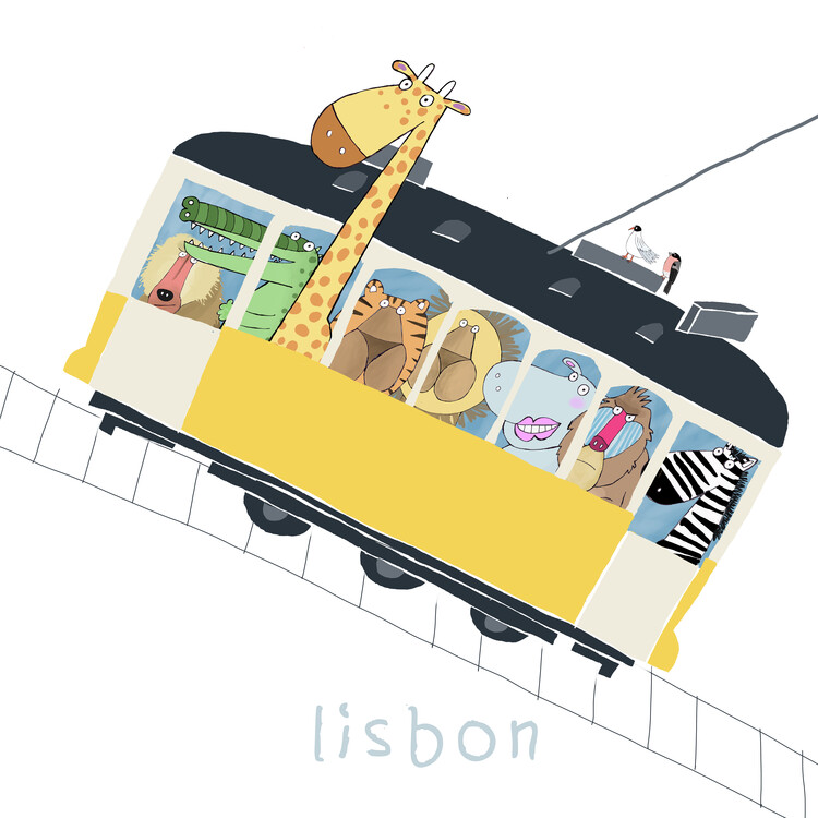 Canvas Print Famous Lisbon Tram with Jungle Animals