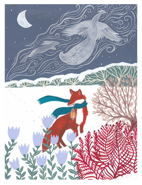 Canvastavla The fox and the snow spirits winter landscape