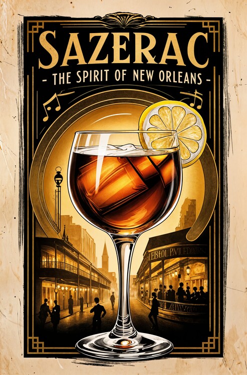 Плакат Sazerac Poster: Vintage New Orleans Cocktail Art