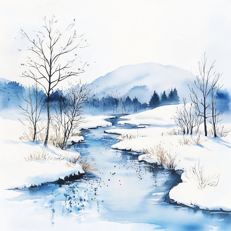 Poster Winter Stream Watercolor, Snowy River Landscape, wall decor