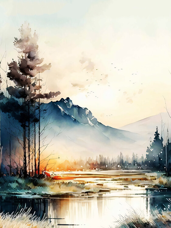 Plakat Sunset Lake Landscape Watercolor, poster prints quality