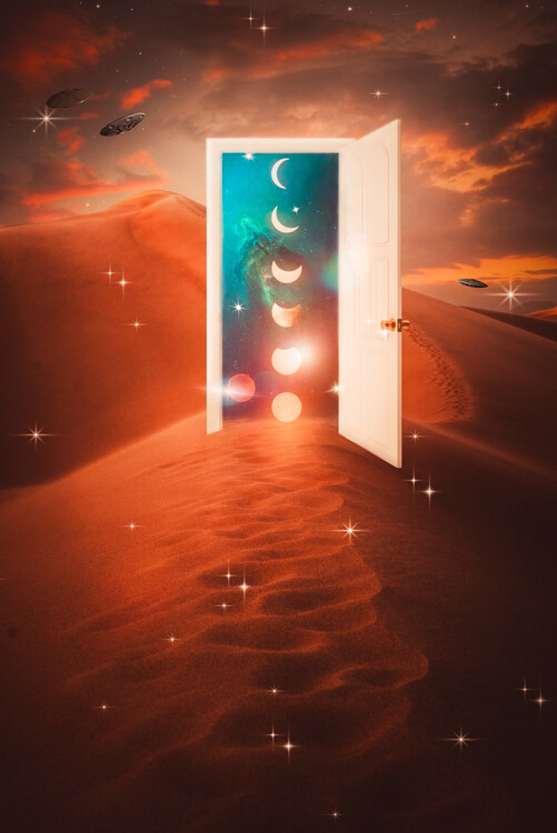 Poster A door in the desert open to a new universe