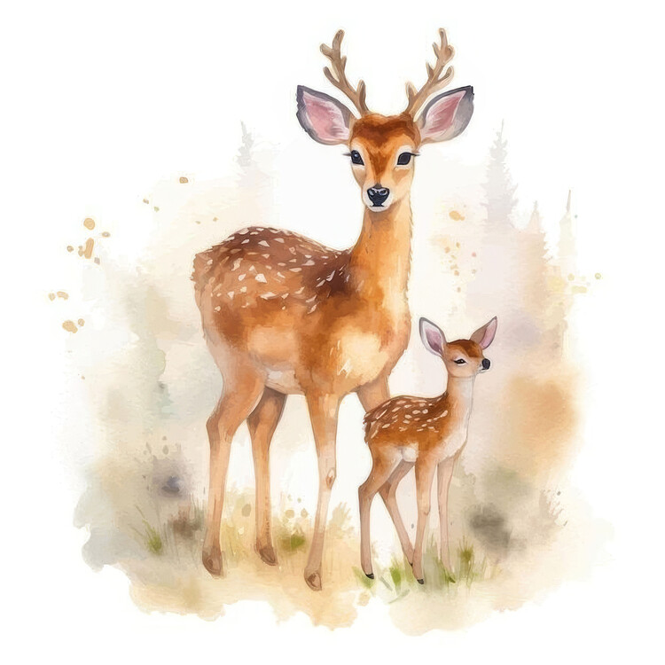 Poster Beautiful Watercolor Painting of a Deer Family, wall decor