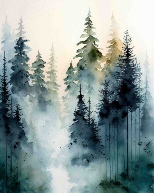 Poster Beautiful Landscape with Pine Trees, watercolor wall deco